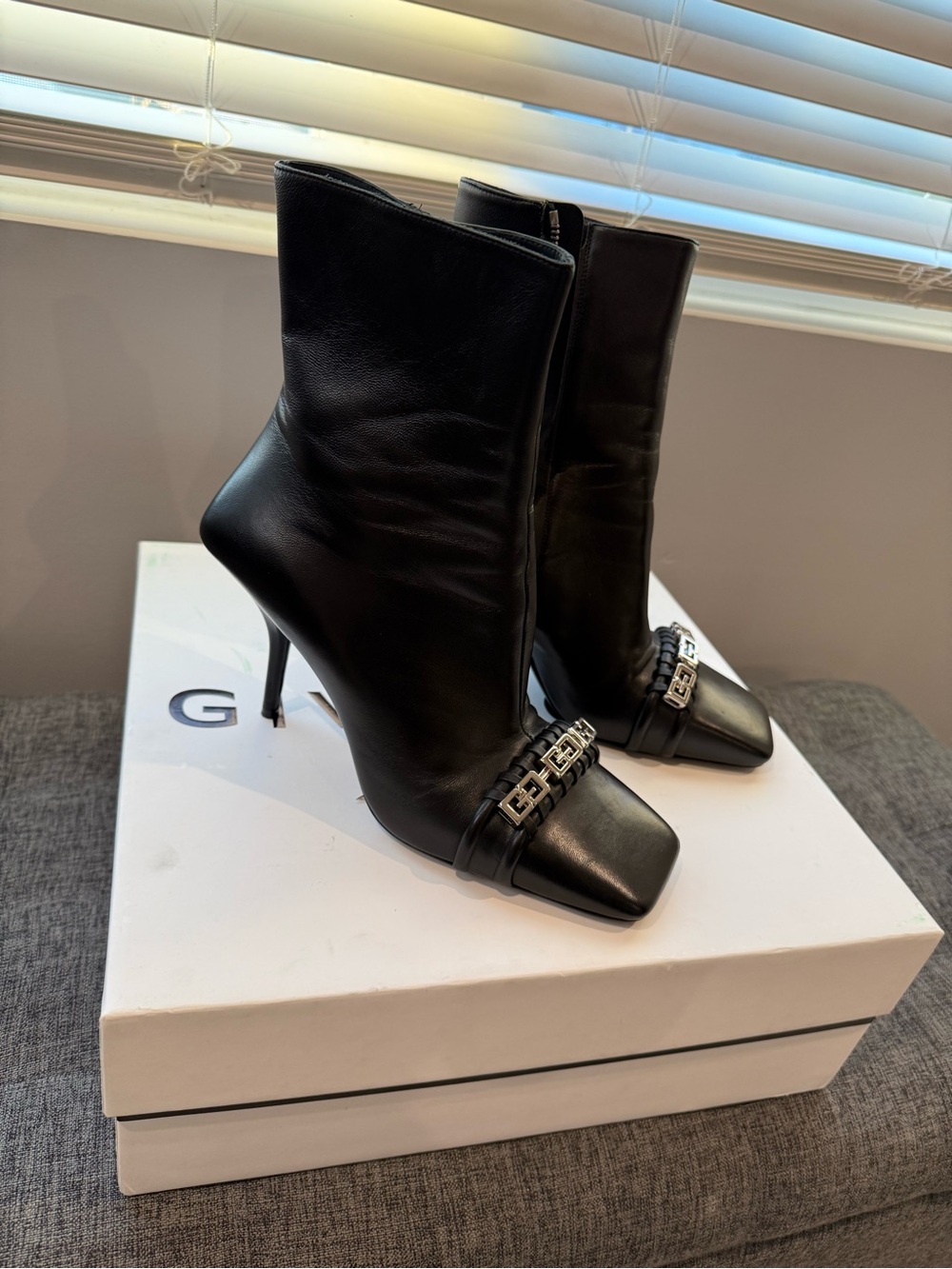 Authentic Givenchy Black Leather High-Heel Boots with Silver Accent